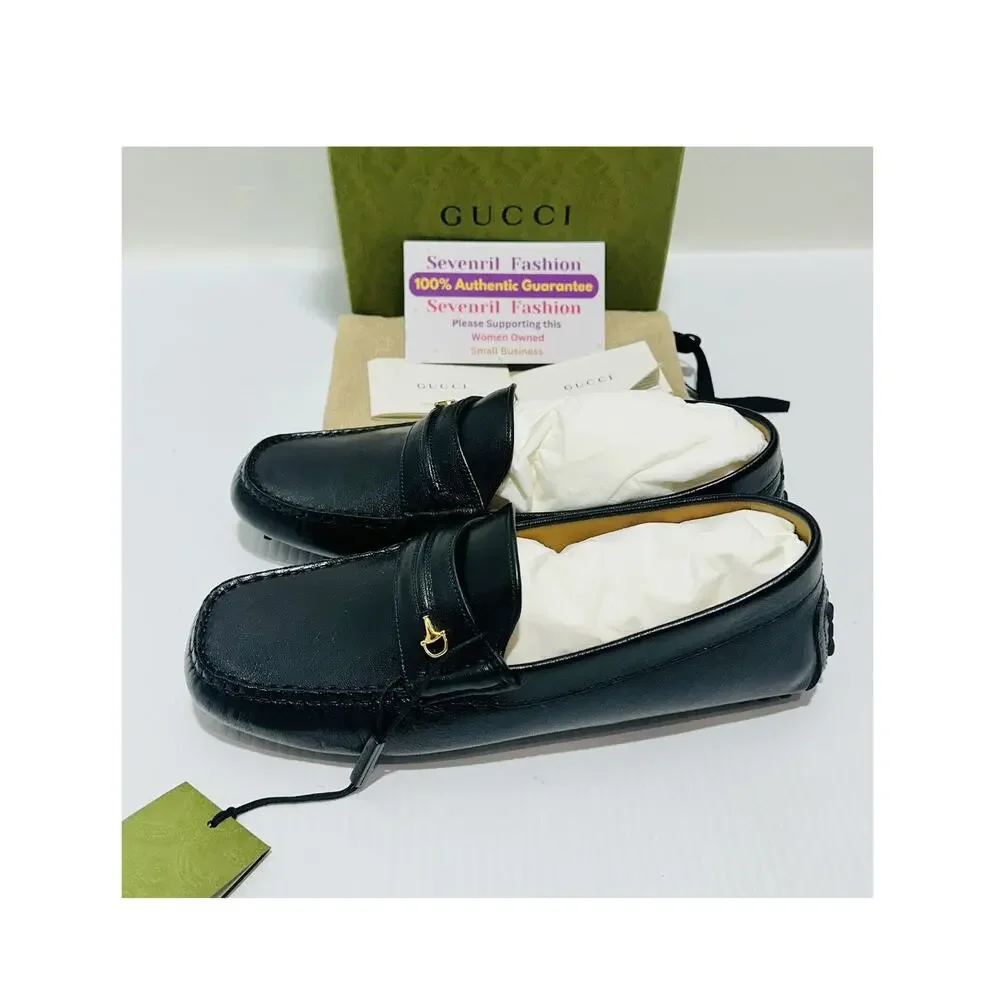 NIB Gucci Half Horsebit Driver Loafers Size 8 US 8.5  Black Leather Shoes